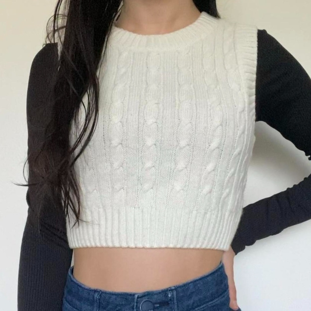 Divided H&M Cream Cable Knit Cropped Sweater Vest Sleeveless Pullover Size Large